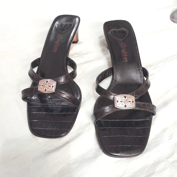 Brighton Black Croc-Embossed Strappy Slide Sandals Made In ITALY in Size 9M - Picture 3 of 9